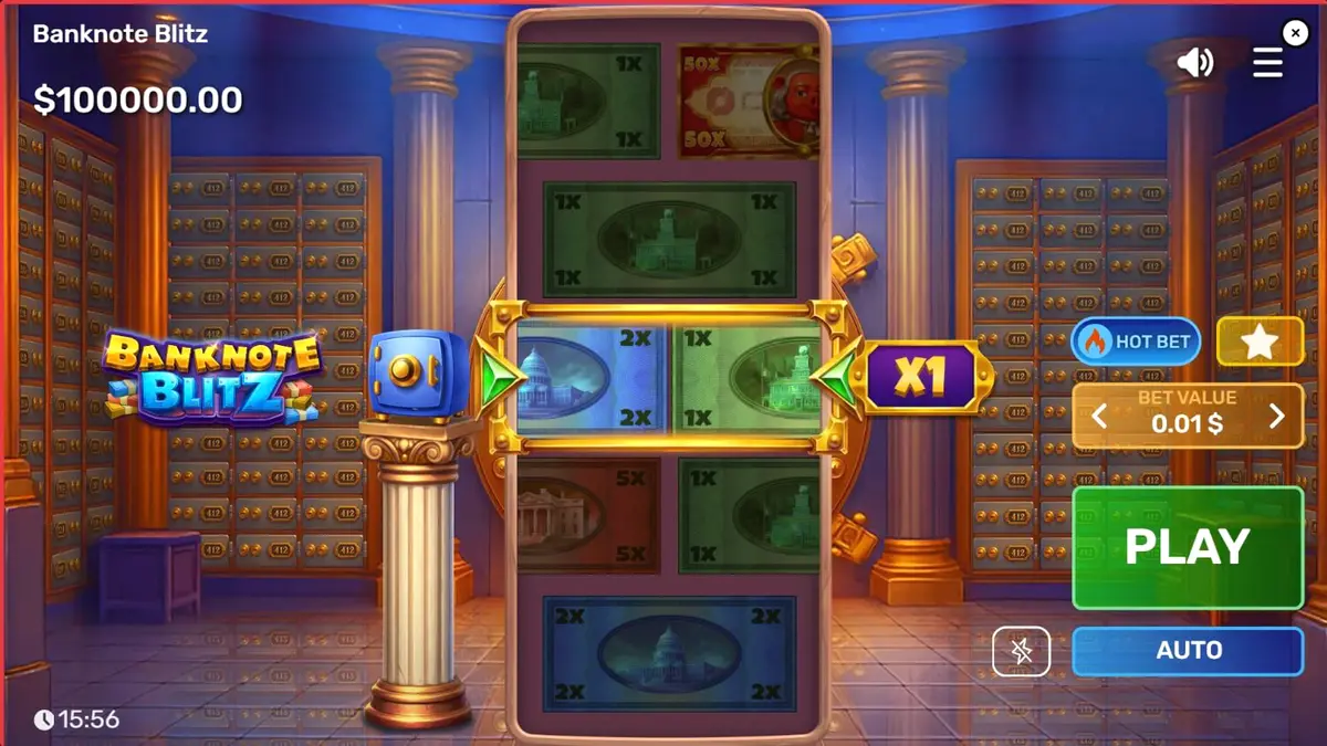 Interface do jogo Banknote Blitz com cofre de banco e notas de dinheiro