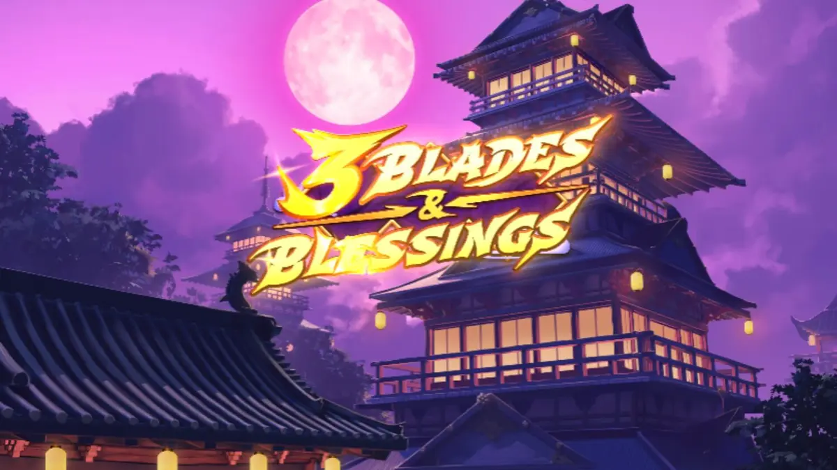 Ninja em um cenário de Japão feudal com elementos de slot 3 Blades & Blessings