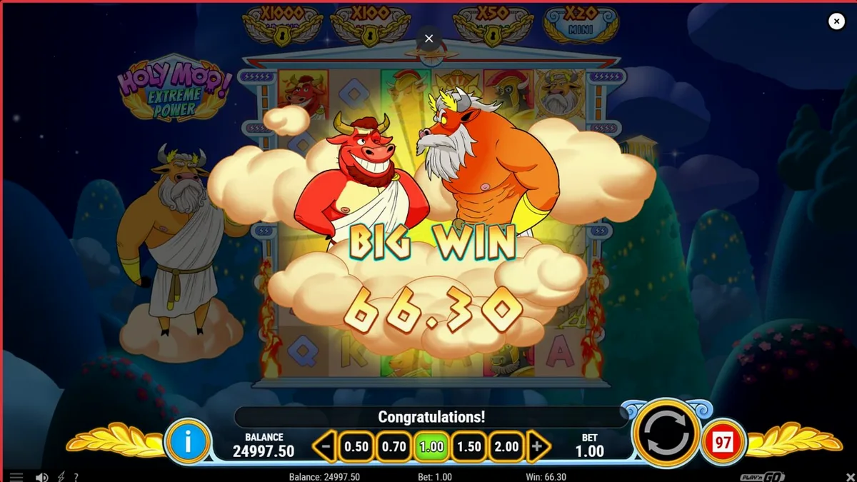 Interface vibrante do slot Holy Moo! Extreme Power com personagens bovinos divinos