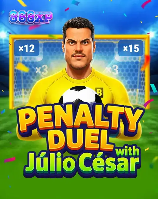 Interface de jogo Penalty Duel com Júlio César mostrando o gol e o goleiro